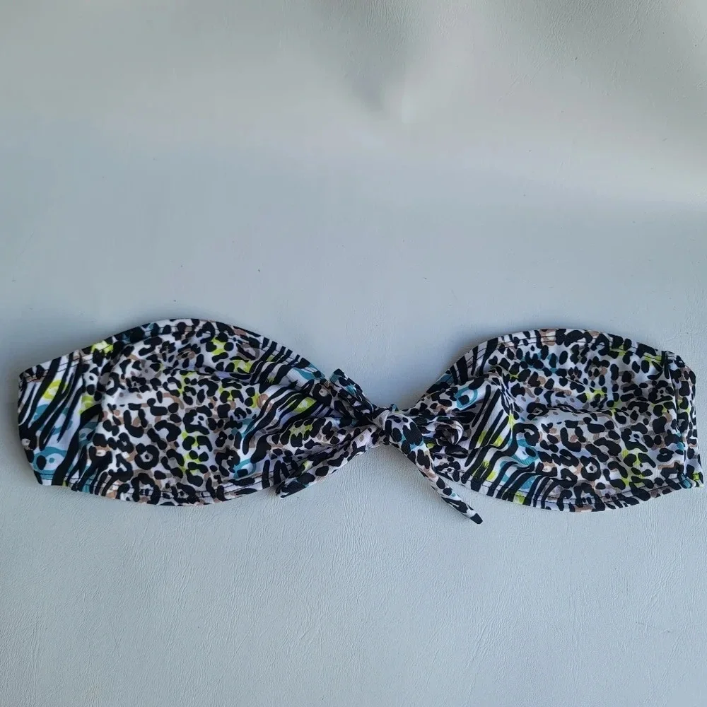 On Shore Women's Sz L Animal Print Twist Bandeau Bikini Swim Set Black Leopard